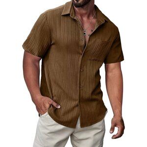 ❤️Mens Brown Short Sleeve Button  Shirt Casual Solid Color Dress Golf Shirts